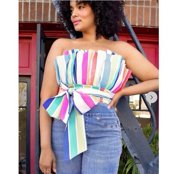 New York & Co Rainbow Stripe Strapless Peplum Bow Top Large Colorful Y2K Pride - Picture 1 of 12